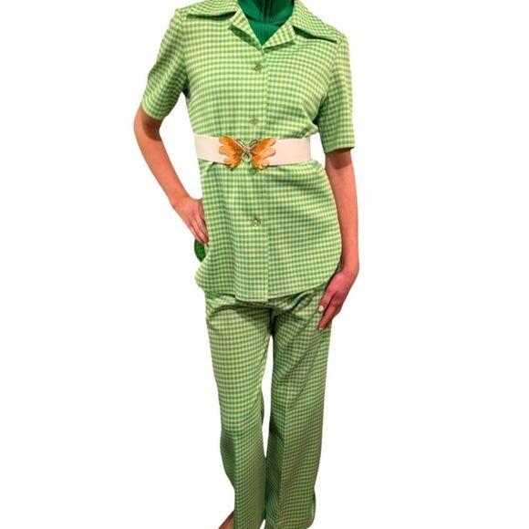 Women's 70s Vintage 3 Piece Polyester Green & White Checkered Leisure Suit Set - Picture 1 of 13